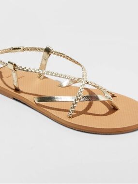 Shade & Shore Gold Strappy Braided Sandals Women's Size 9 Flat Thong Flip Flop